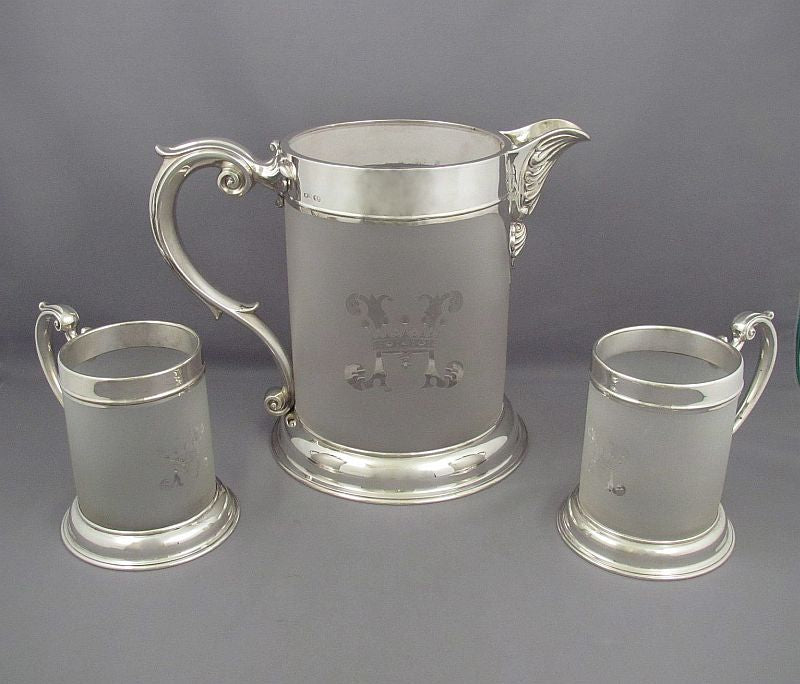 Victorian Silver and Glass Beer Jug and Mugs - JH Tee Antiques
