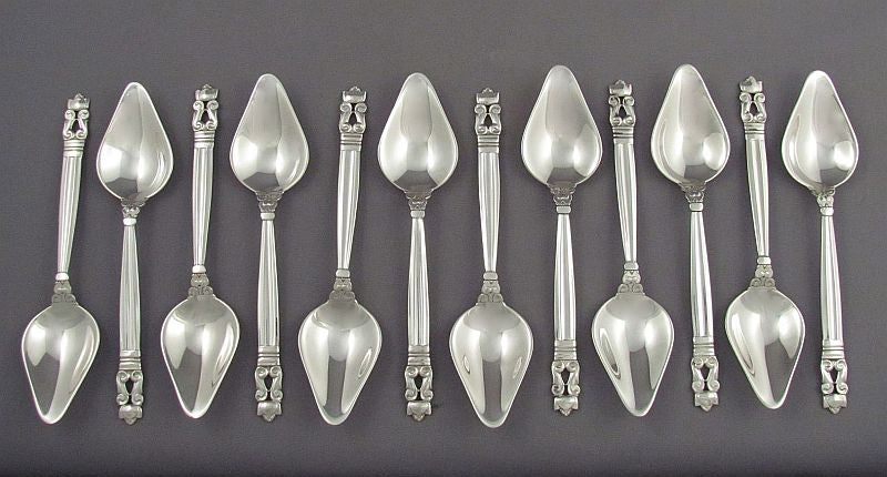 12 Georg Jensen Acorn Pattern Fruit Spoons - JH Tee Antiques