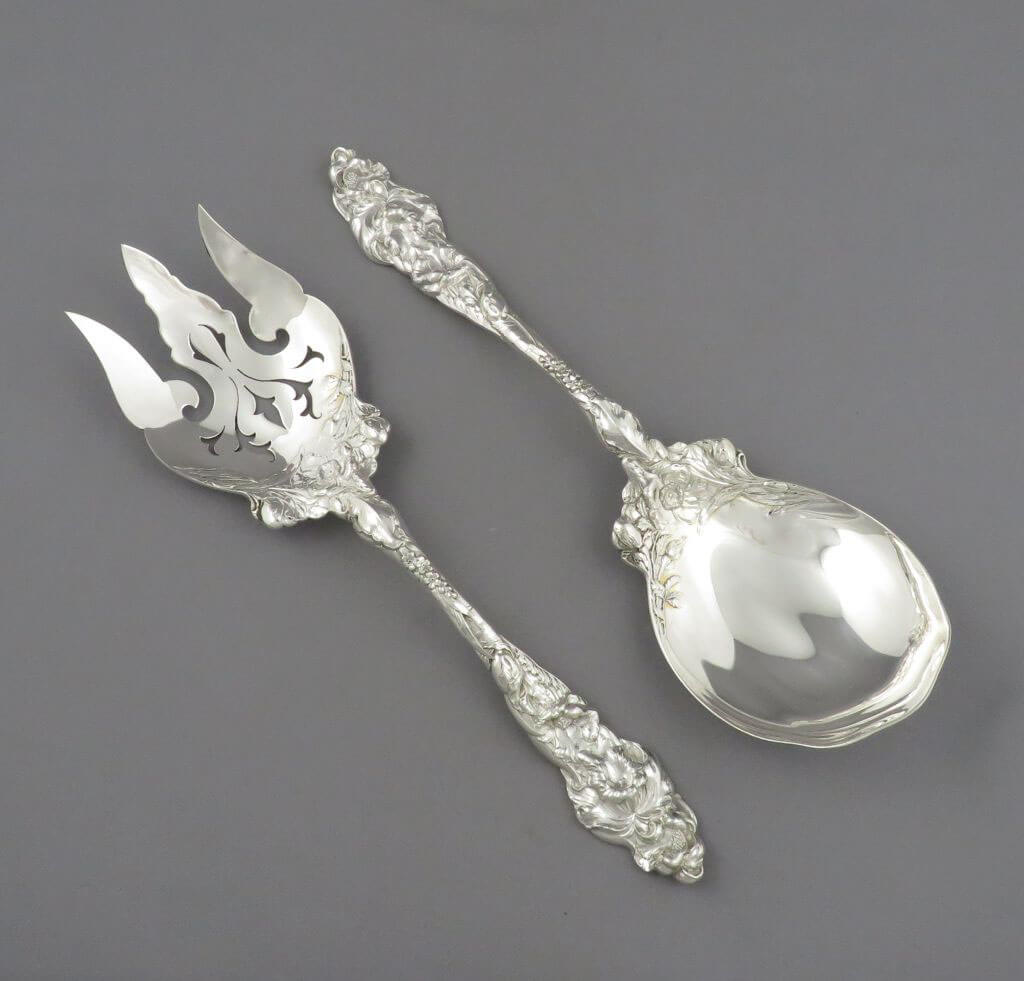 Les Six Fleurs Sterling Salad Servers - JH Tee Antiques