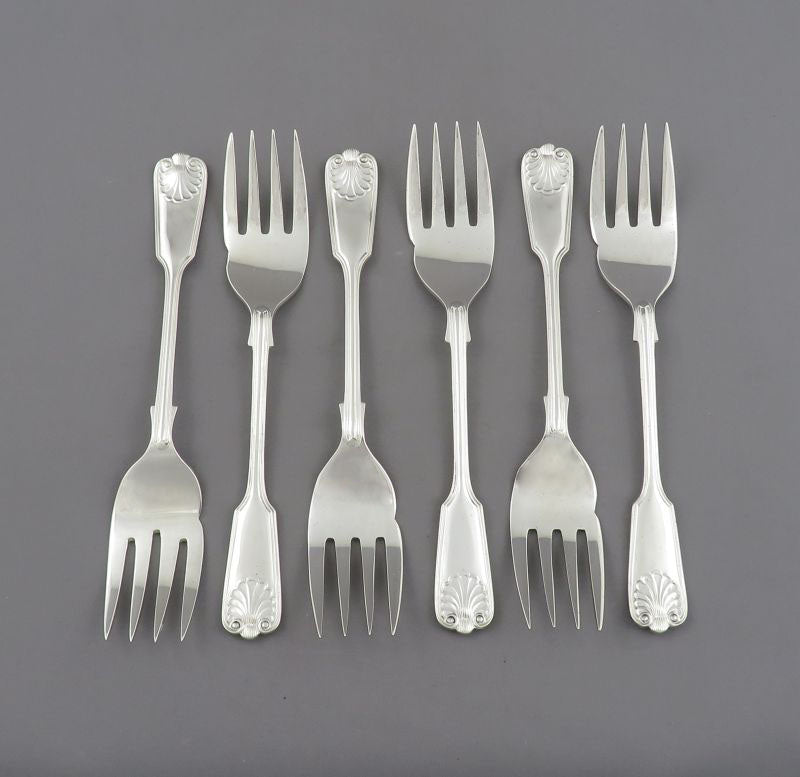 Six English Fiddle Thread &amp; Shell Pattern Pastry Forks - JH Tee Antiques