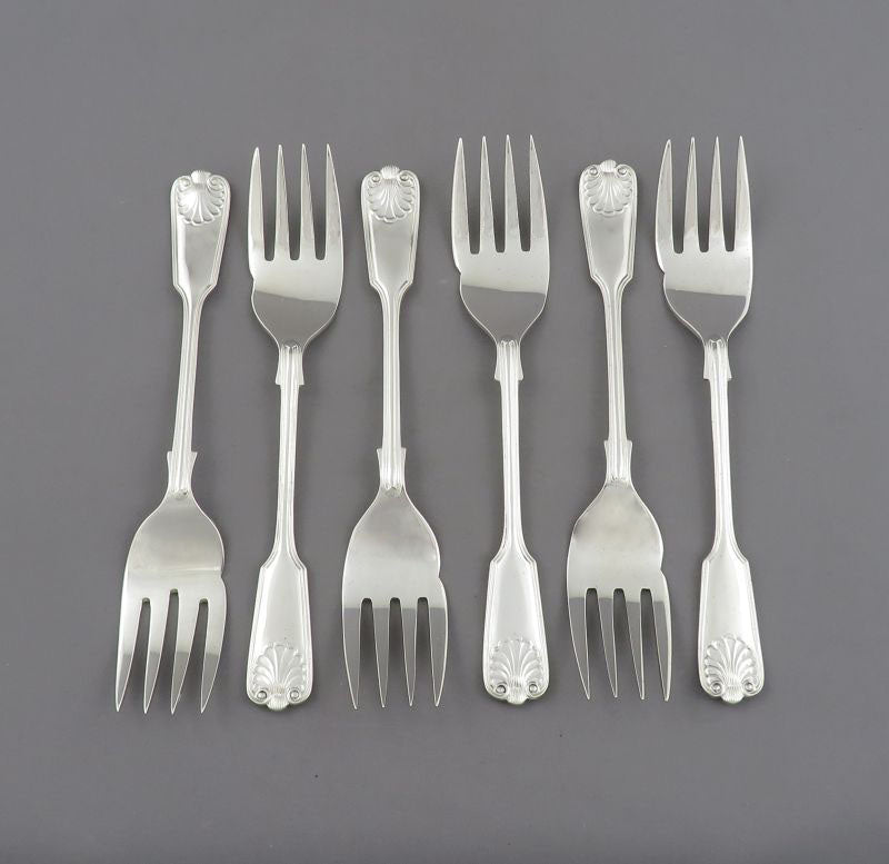 Six English Fiddle Thread & Shell Pattern Pastry Forks - JH Tee Antiques
