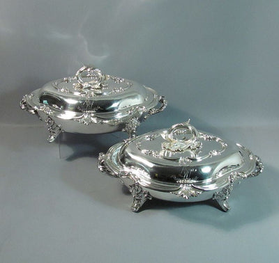 Pair of Victorian Sterling Silver Entree Dishes - JH Tee Antiques