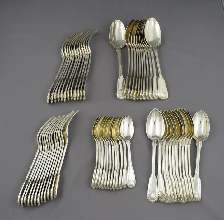 Fiddle Thread &amp; Shell Silver Flatware Service - JH Tee Antiques