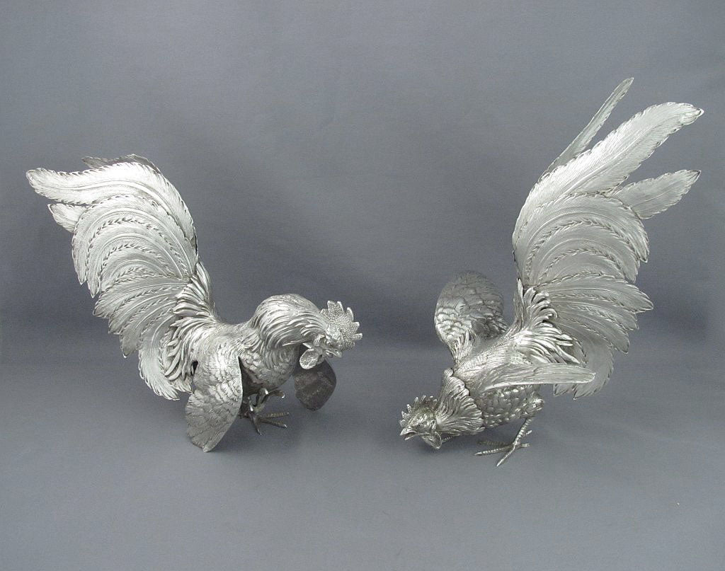 Pair of Silver Fighting Cocks - JH Tee Antiques