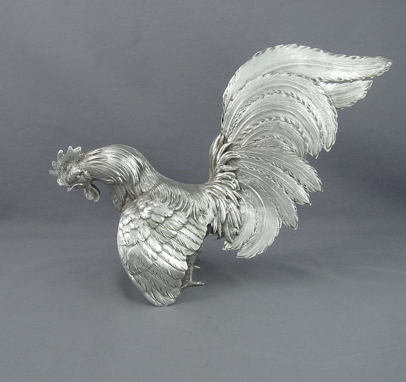 Pair of Silver Fighting Cocks - JH Tee Antiques