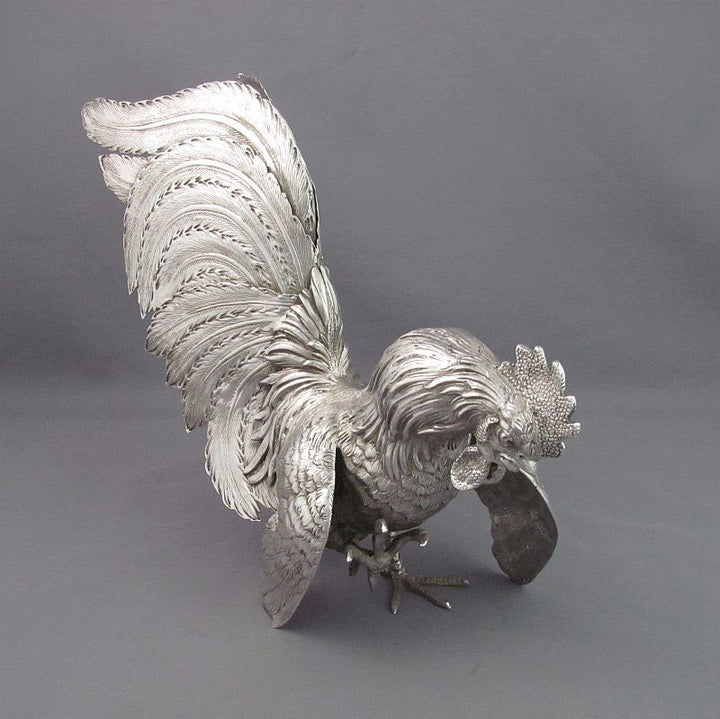 Pair of Silver Fighting Cocks - JH Tee Antiques