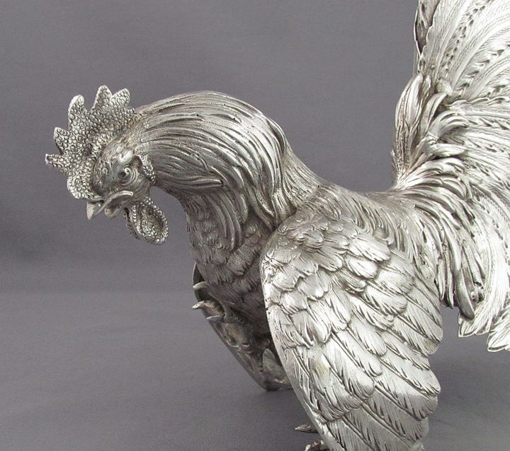 Pair of Silver Fighting Cocks - JH Tee Antiques