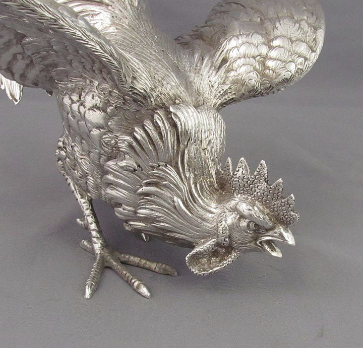 Pair of Silver Fighting Cocks - JH Tee Antiques