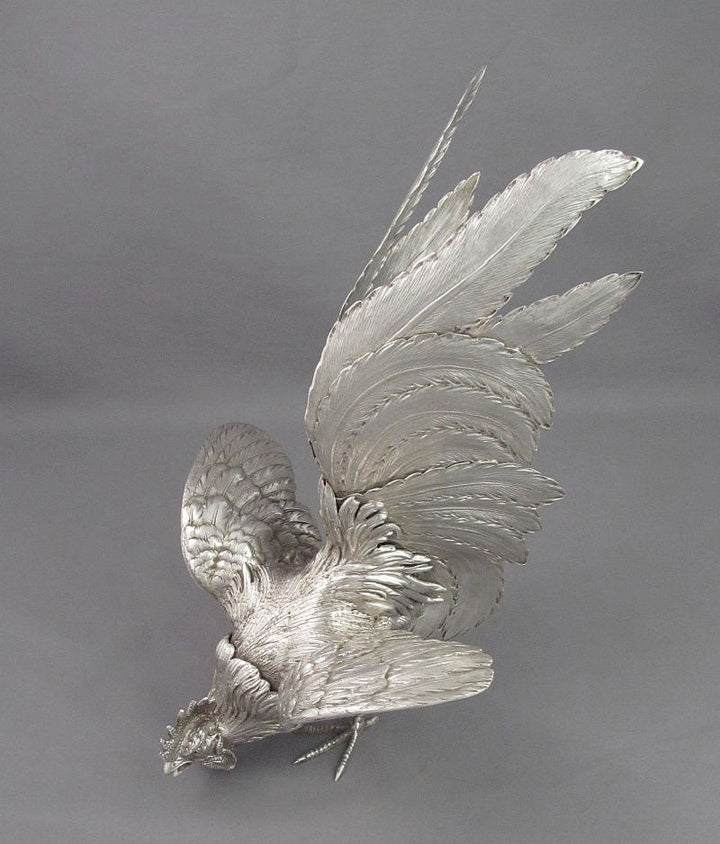 Pair of Silver Fighting Cocks - JH Tee Antiques