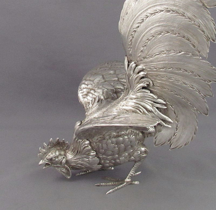 Pair of Silver Fighting Cocks - JH Tee Antiques