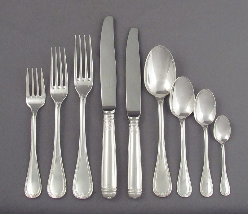 Christofle Malmaison Sterling Silver Flatware Set for 12 - JH Tee Antiques