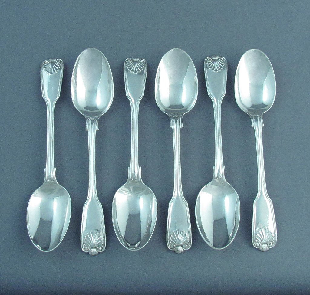 6 Sterling Silver Fiddle Thread &amp; Shell Pattern Teaspoons - JH Tee Antiques
