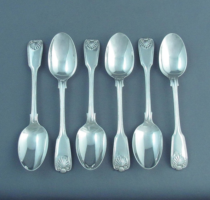 6 Sterling Silver Fiddle Thread &amp; Shell Pattern Teaspoons - JH Tee Antiques