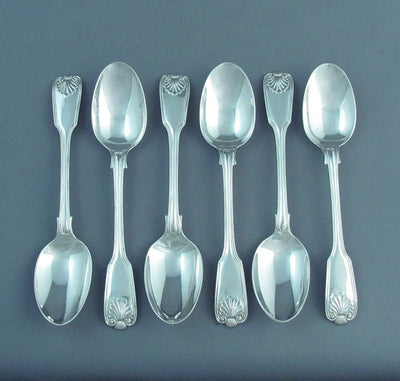 6 Sterling Silver Fiddle Thread & Shell Pattern Teaspoons - JH Tee Antiques
