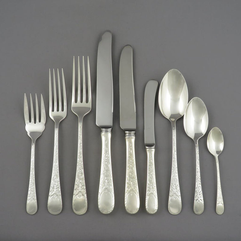 Birks London Engraved Sterling Flatware Set for 8 - JH Tee Antiques