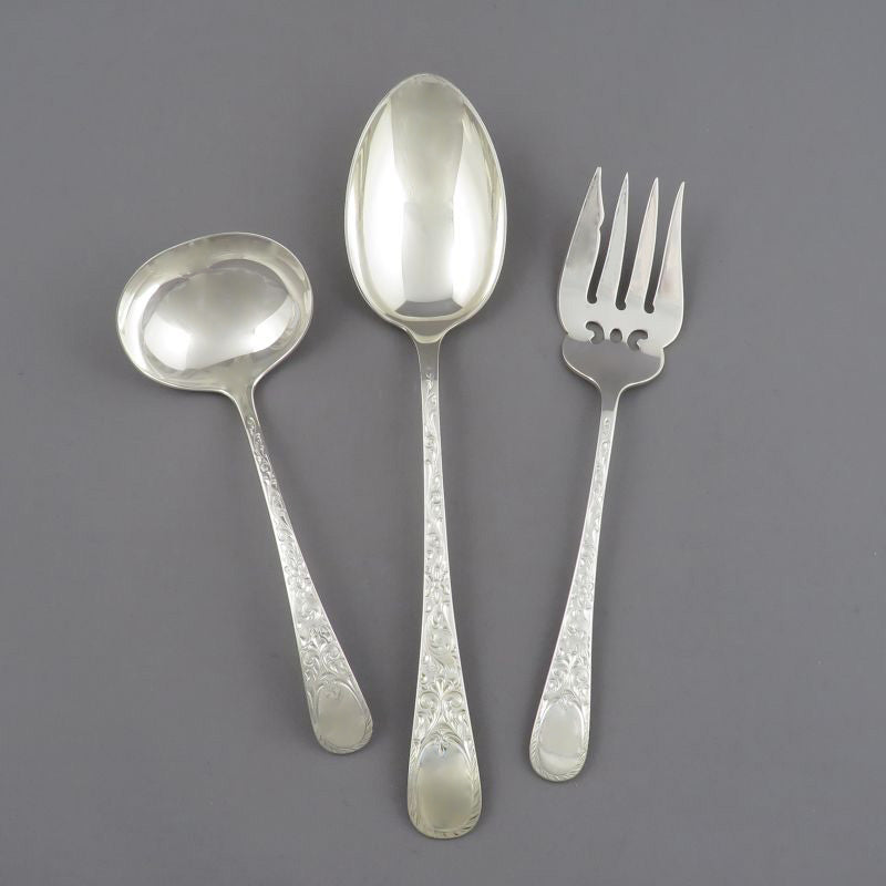 Birks London Engraved Sterling Flatware Set for 8 - JH Tee Antiques