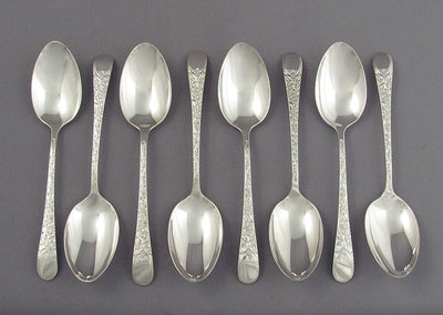 8 London Engraved Pattern Silver Teaspoons - JH Tee Antiques