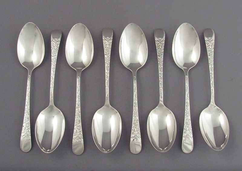 8 London Engraved Pattern Silver Teaspoons - JH Tee Antiques