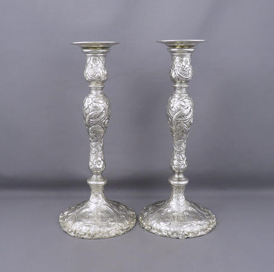 Castle Pattern Sterling Silver Candlesticks - JH Tee Antiques