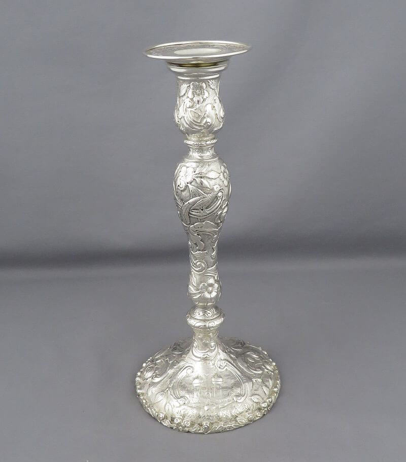 Castle Pattern Sterling Silver Candlesticks - JH Tee Antiques