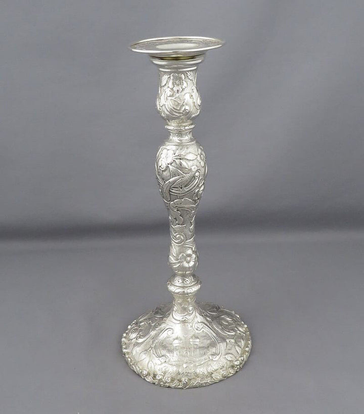 Castle Pattern Sterling Silver Candlesticks - JH Tee Antiques
