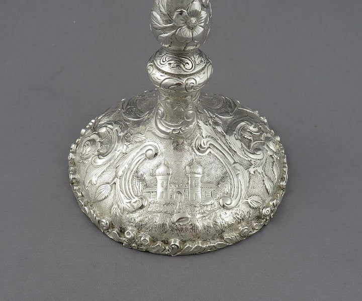 Castle Pattern Sterling Silver Candlesticks - JH Tee Antiques