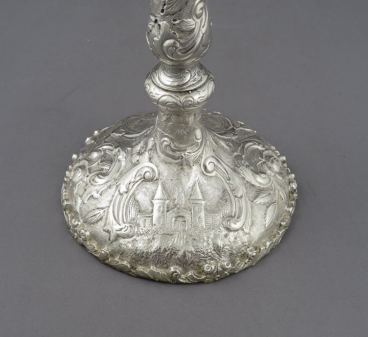 Castle Pattern Sterling Silver Candlesticks - JH Tee Antiques