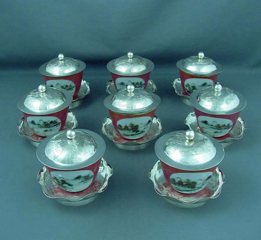 8 Chinese Export Silver Tea Cups - JH Tee Antiques
