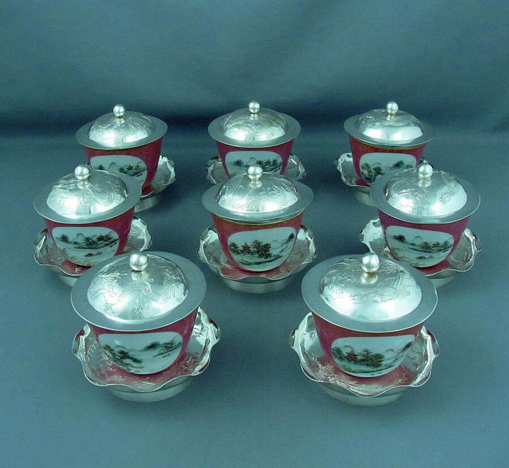 8 Chinese Export Silver Tea Cups - JH Tee Antiques
