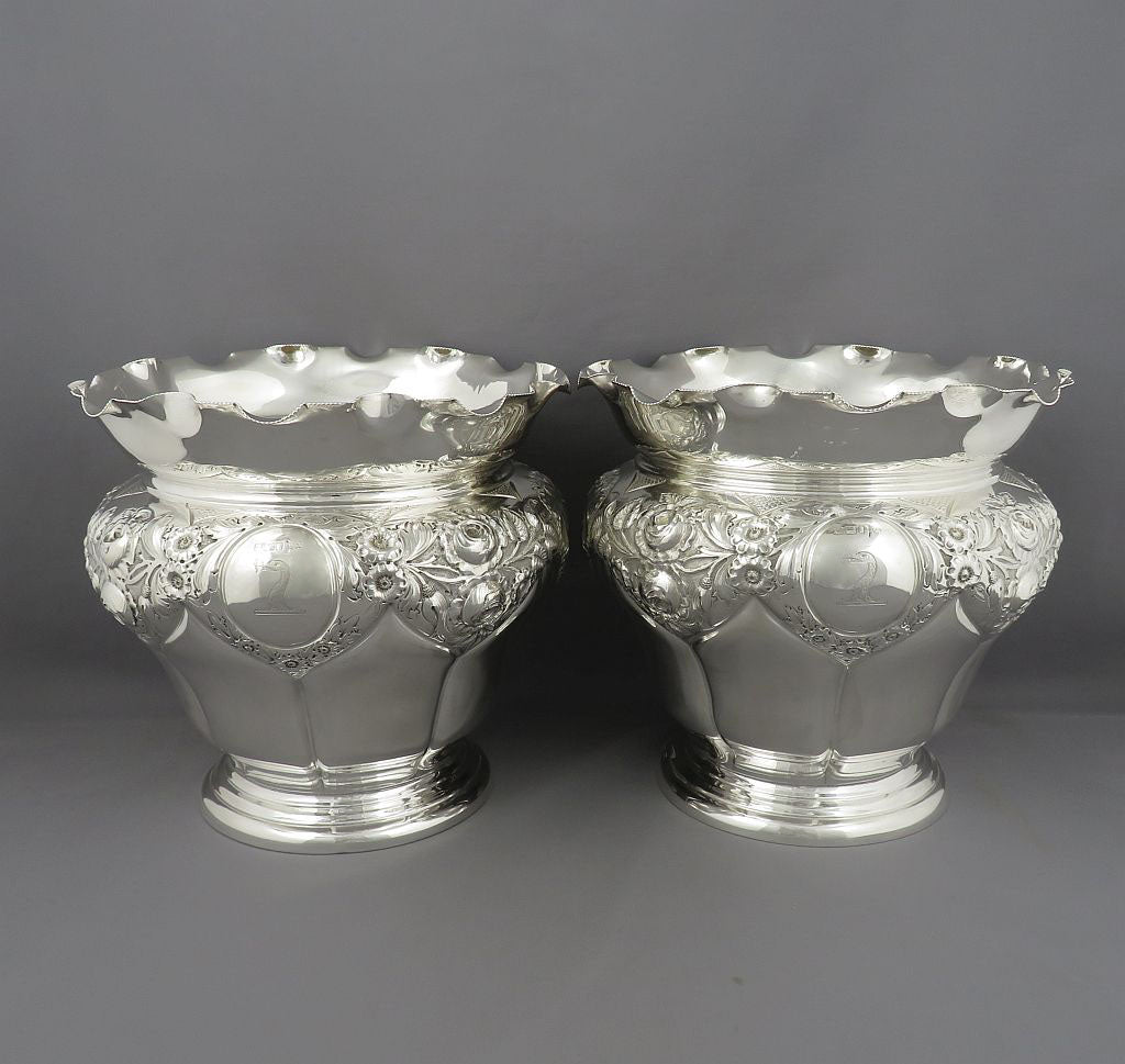 Pair of Edwardian Sterling Silver Jardinieres - JH Tee Antiques