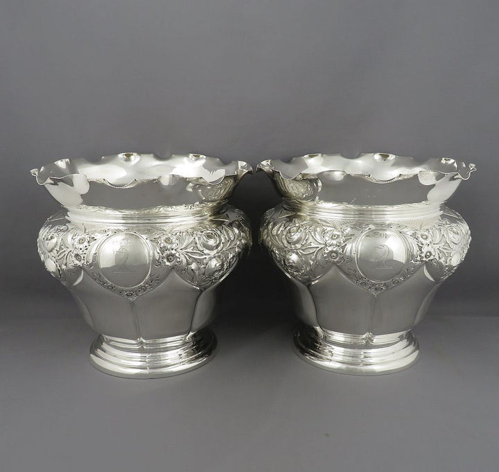 Pair of Edwardian Sterling Silver Jardinieres - JH Tee Antiques