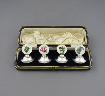 English Sterling Silver and Enamel Menu Holders - JH Tee Antiques