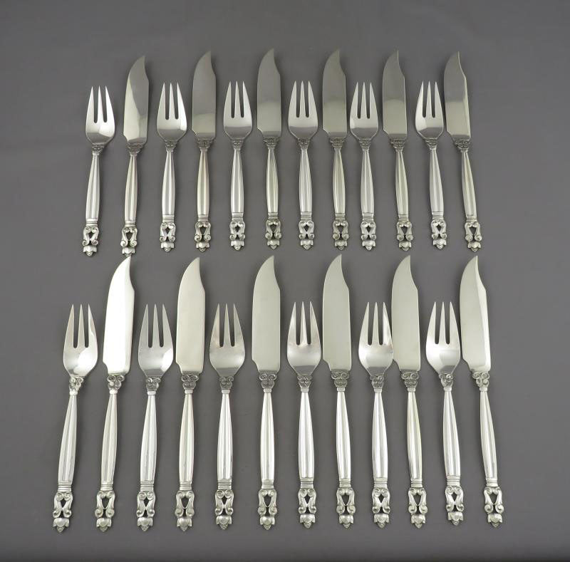 Georg Jensen Acorn Pattern Fish Set for 12 - JH Tee Antiques