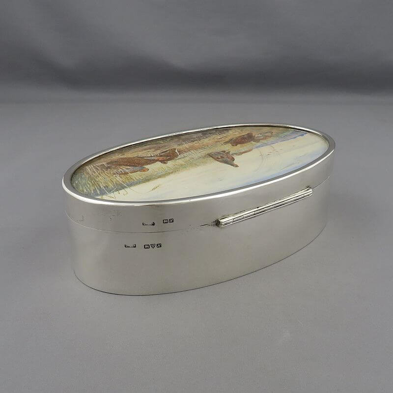 Silver Cuff Link Box With Watercolour Lid - JH Tee Antiques