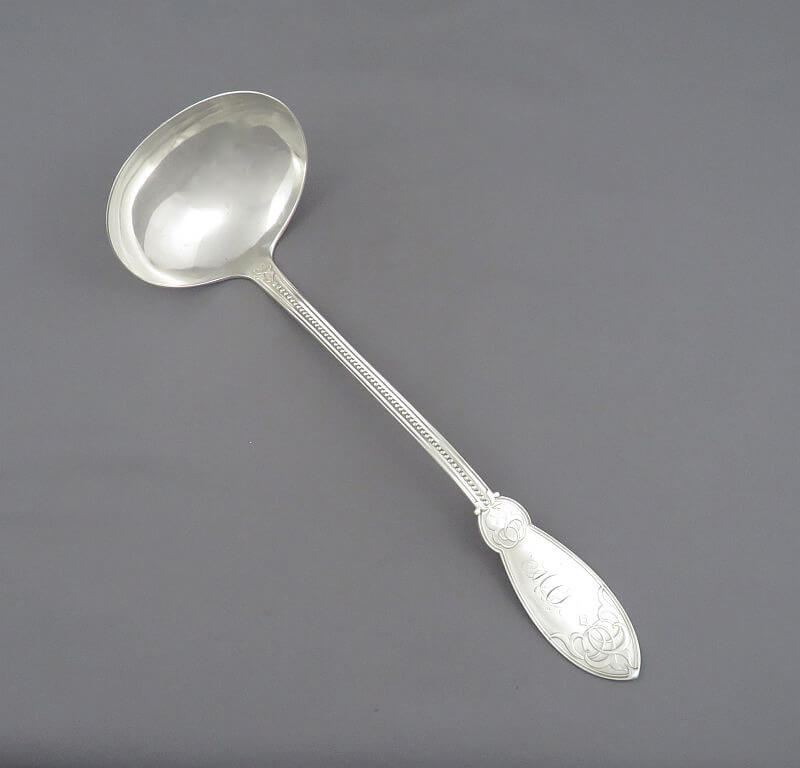 Oriental Pattern Silver Soup Ladle by John Polhamus - JH Tee Antiques