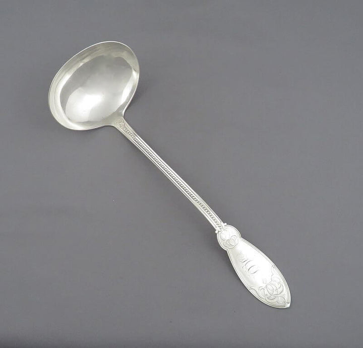Oriental Pattern Silver Soup Ladle by John Polhamus - JH Tee Antiques