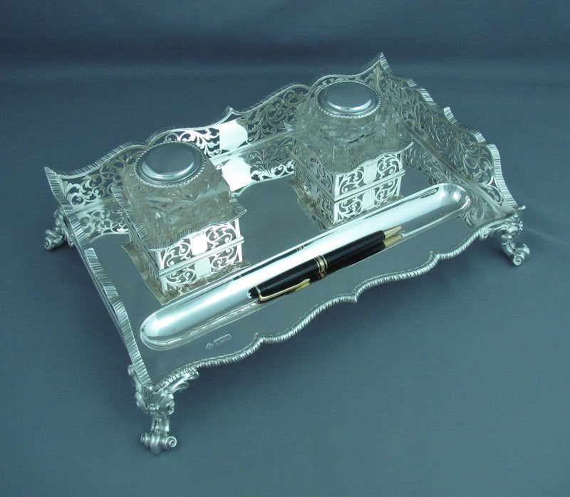 Massive Edwardian Sterling Silver Inkstand - JH Tee Antiques