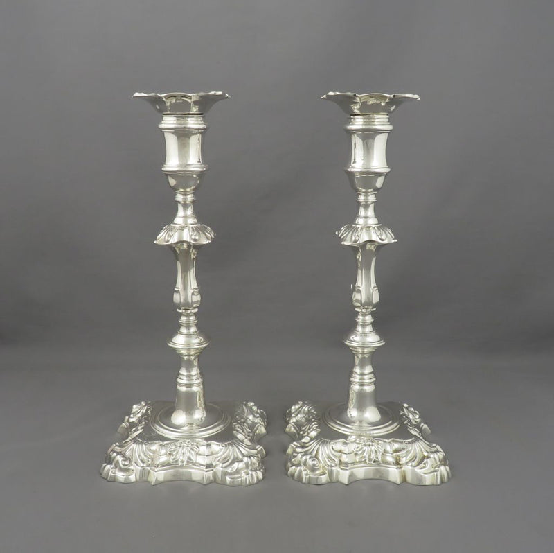 Pair of Cast George II Silver Candlesticks - JH Tee Antiques