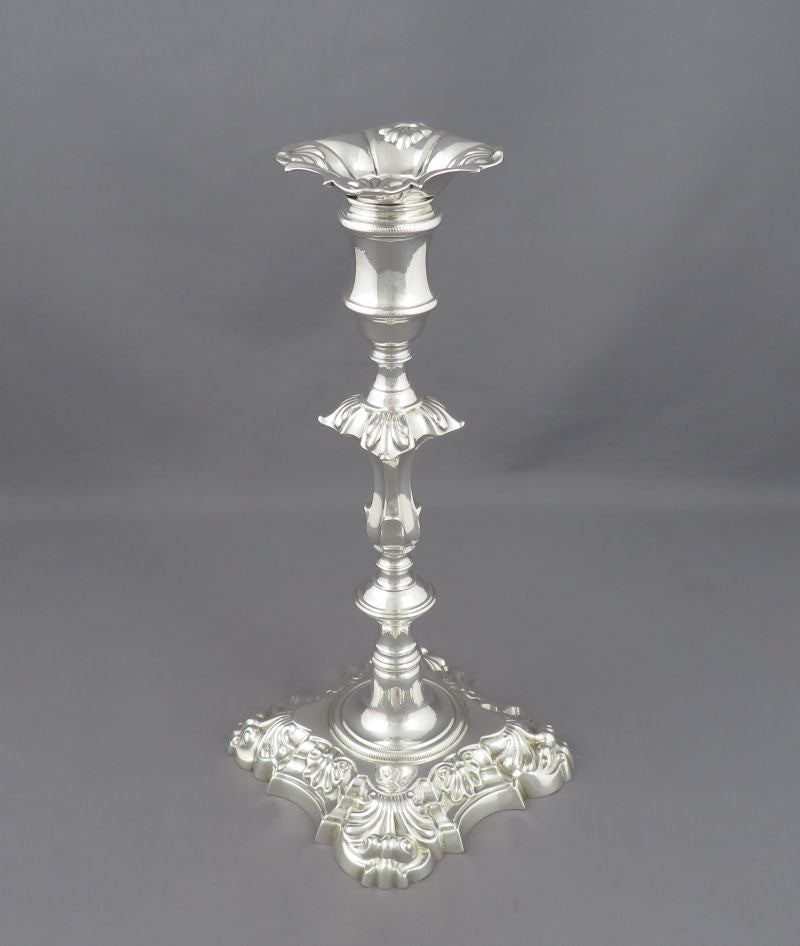 Pair of Cast George II Silver Candlesticks - JH Tee Antiques