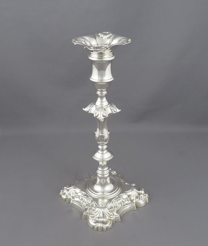 Pair of Cast George II Silver Candlesticks - JH Tee Antiques