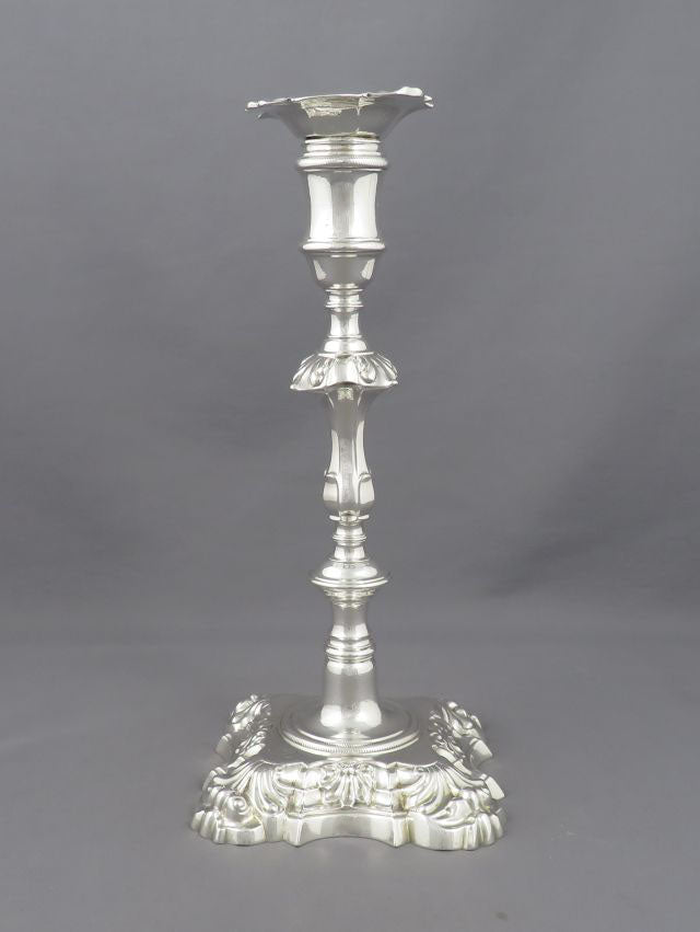 Pair of Cast George II Silver Candlesticks - JH Tee Antiques