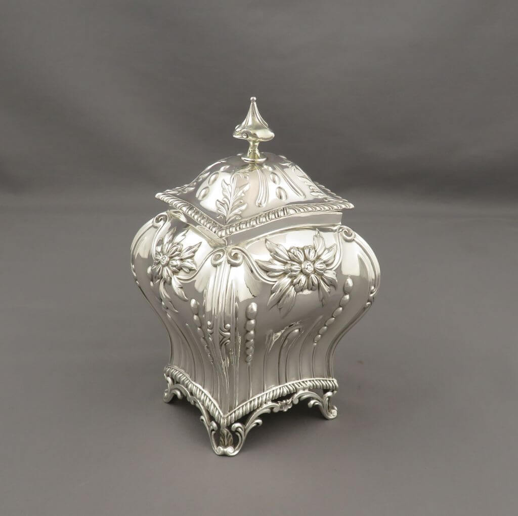Rococo Sterling Silver Tea Caddy - JH Tee Antiques