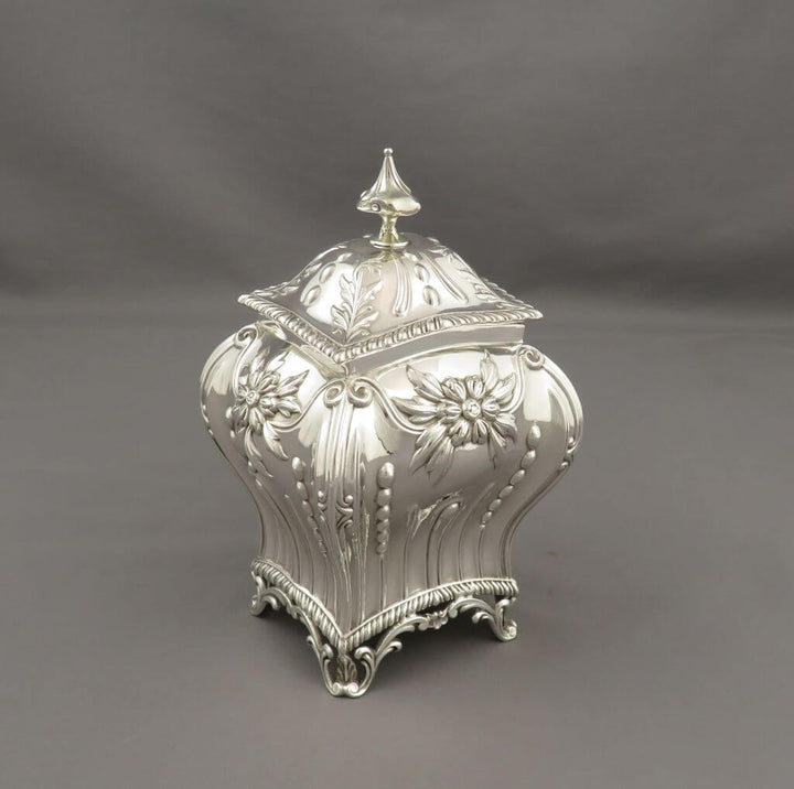 Rococo Sterling Silver Tea Caddy - JH Tee Antiques