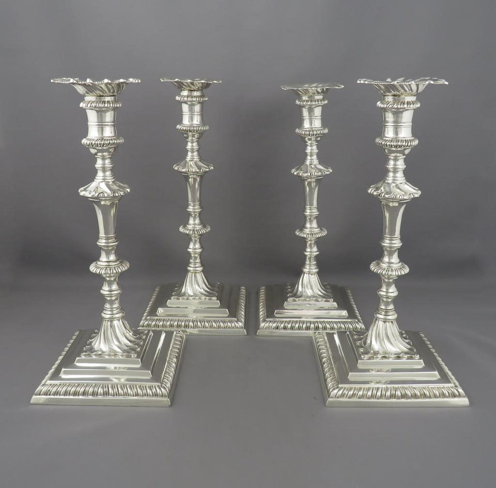Set of Four George III Sterling Silver Candlesticks - JH Tee Antiques