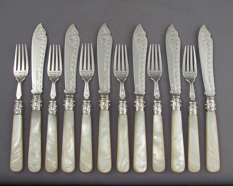 Sterling Silver and Mother of Pearl Fish Service - JH Tee Antiques