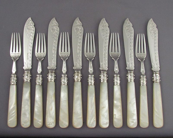 Sterling Silver and Mother of Pearl Fish Service - JH Tee Antiques
