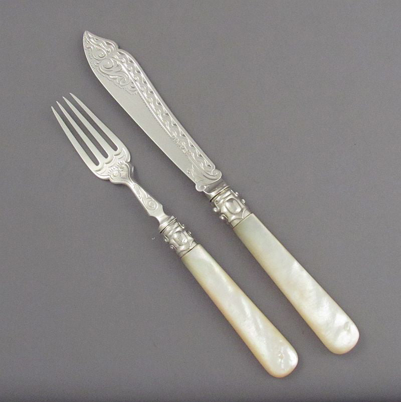Sterling Silver and Mother of Pearl Fish Service - JH Tee Antiques