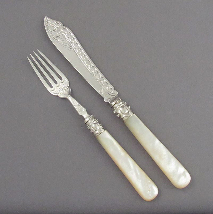 Sterling Silver and Mother of Pearl Fish Service - JH Tee Antiques