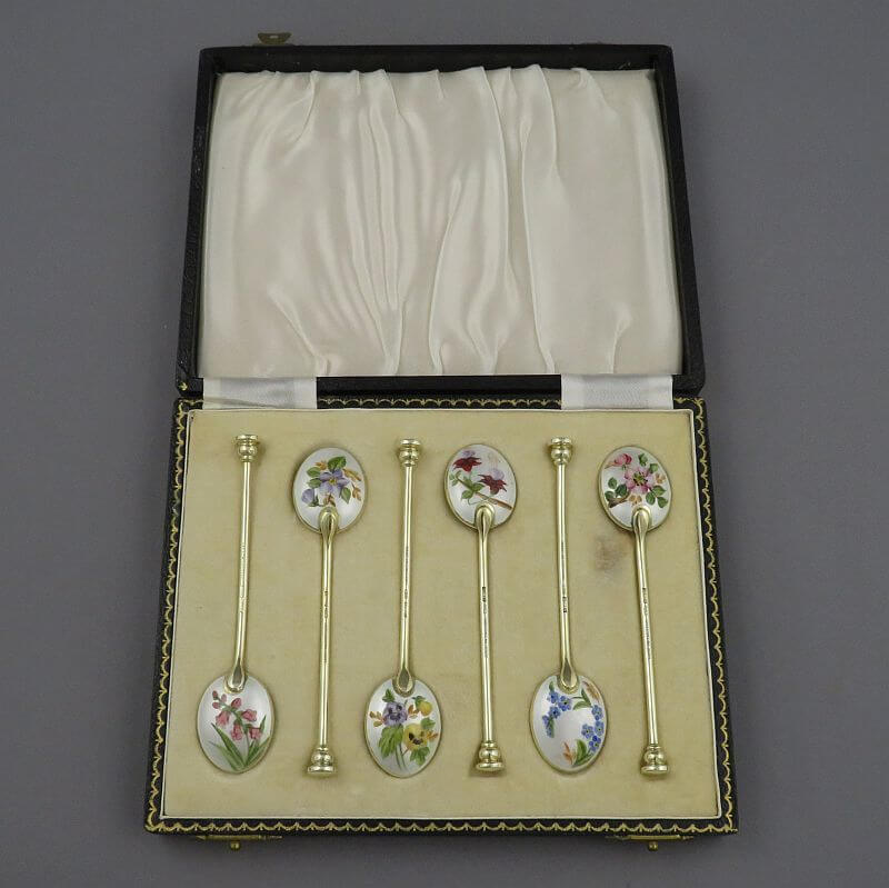 6 English Silver and Painted Enamel Teaspoons - JH Tee Antiques