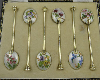 6 English Silver and Painted Enamel Teaspoons - JH Tee Antiques